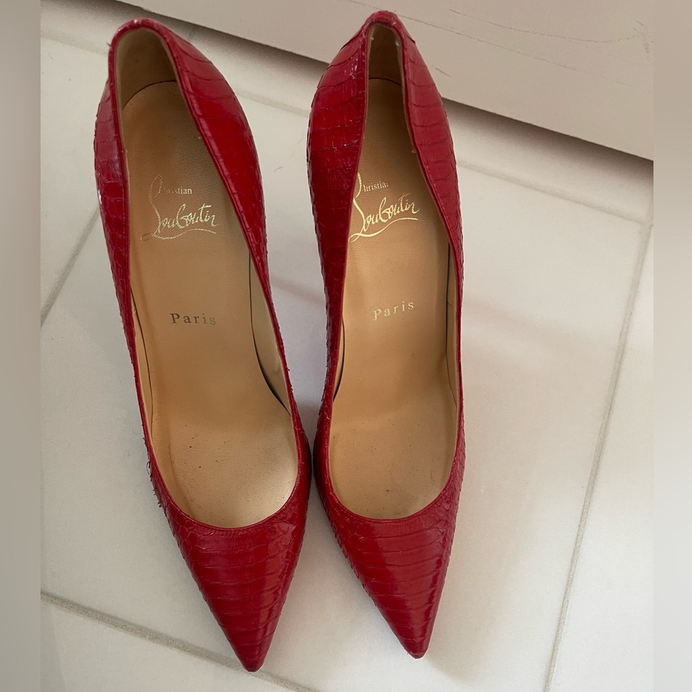 Christian Louboutin Red Croc-Embossed Pointed-Toe Pumps